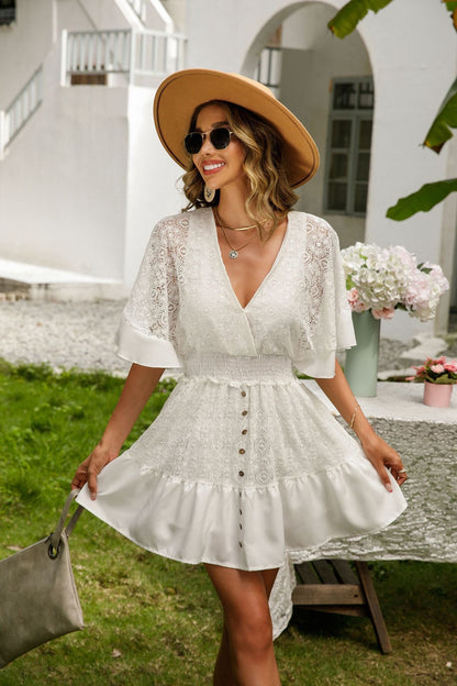 Lace Cutout Surplice Half Sleeve Mini Dress Trendsi