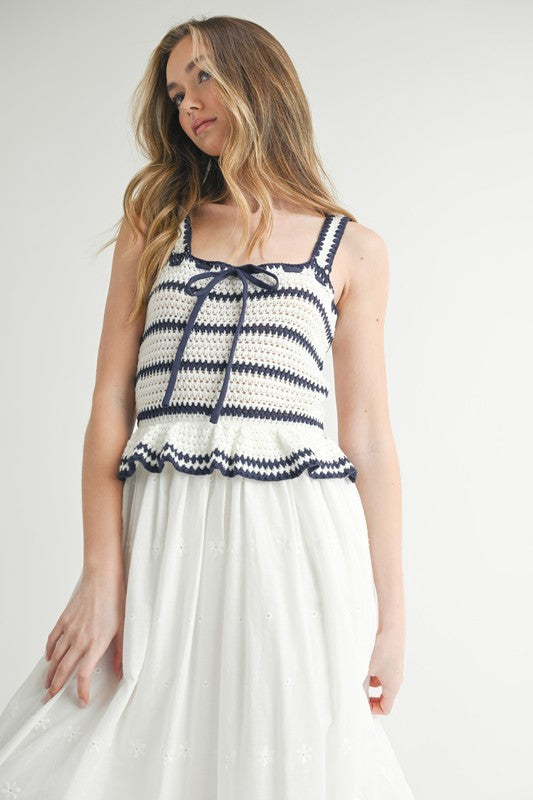 MABLE Crochet Stripe Knit Eyelet Mix Midi Dress Trendsi