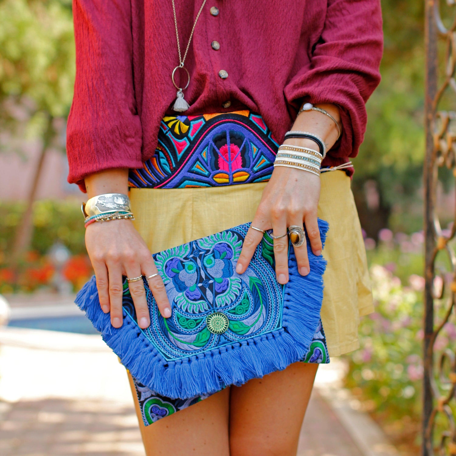 Embroidered Multi Tassel Envelope Clutch Bag - Thailand  DAME BOHEME