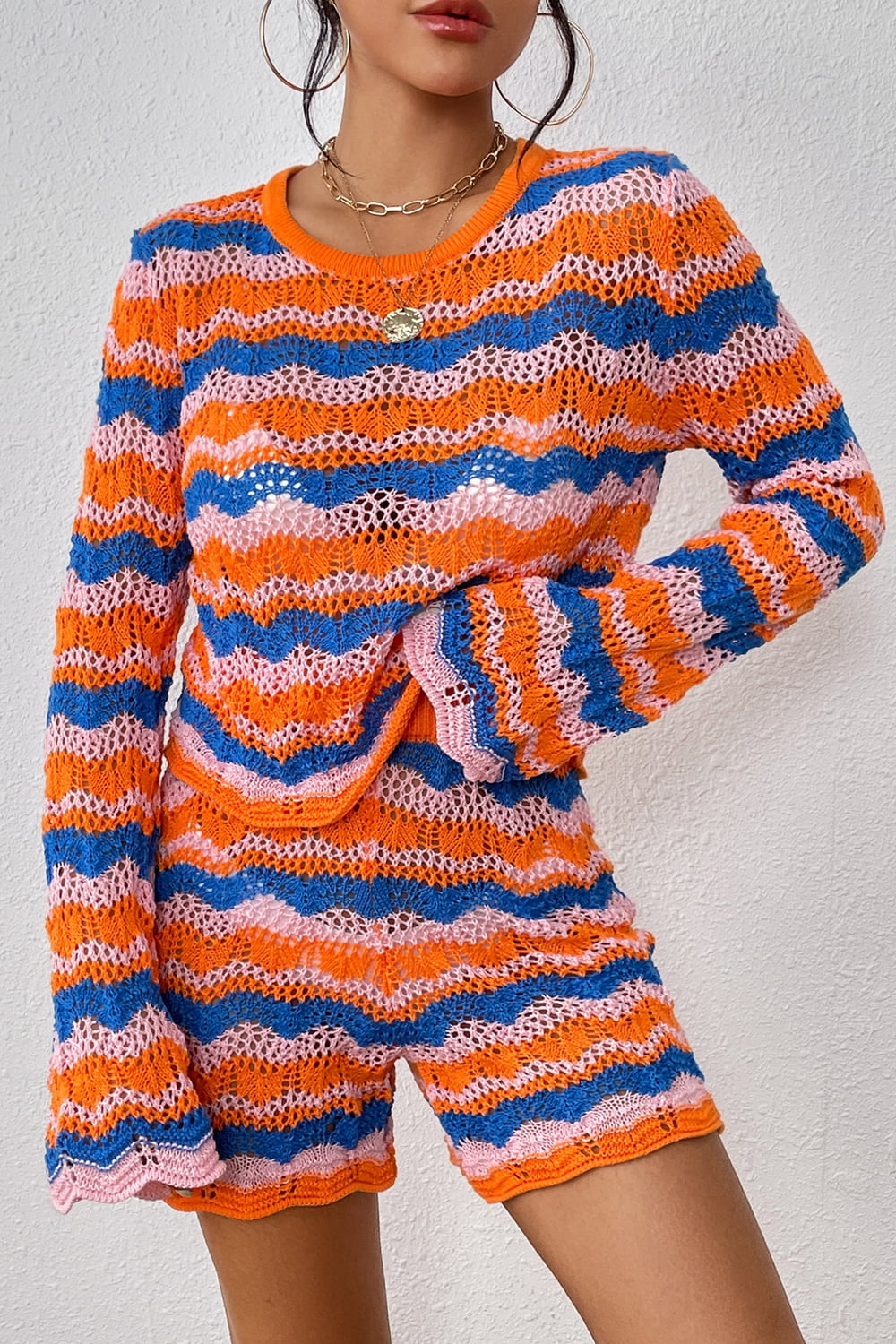 Striped Crochet Sweater and Knit Shorts Set Trendsi