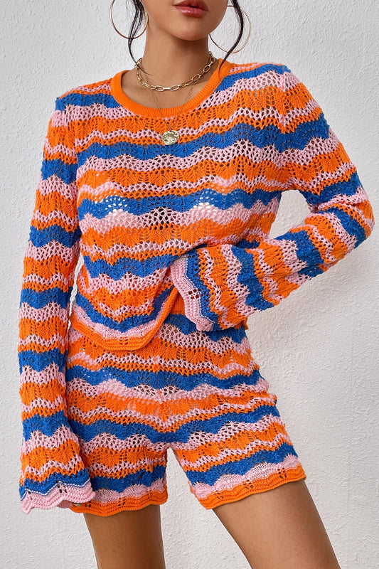 Striped Crochet Sweater and Knit Shorts Set Trendsi