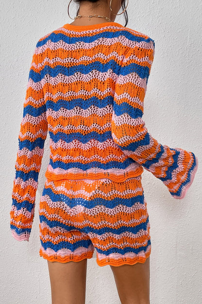 Striped Crochet Sweater and Knit Shorts Set Trendsi