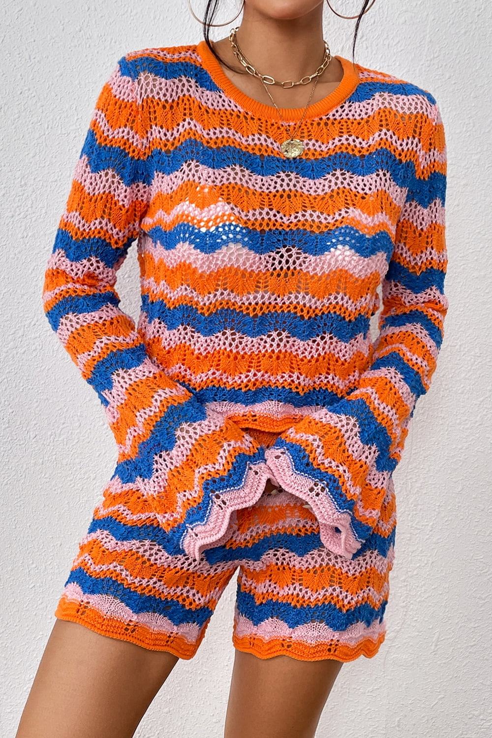 Striped Crochet Sweater and Knit Shorts Set Trendsi