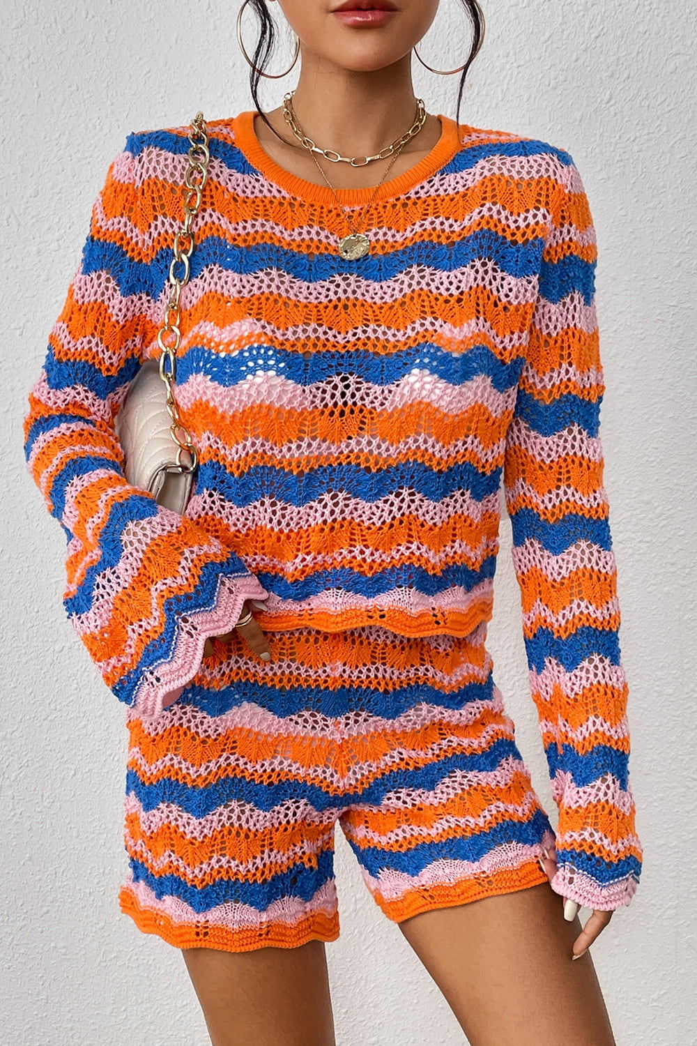 Striped Crochet Sweater and Knit Shorts Set Trendsi