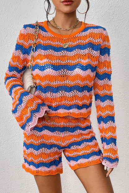 Striped Crochet Sweater and Knit Shorts Set Trendsi