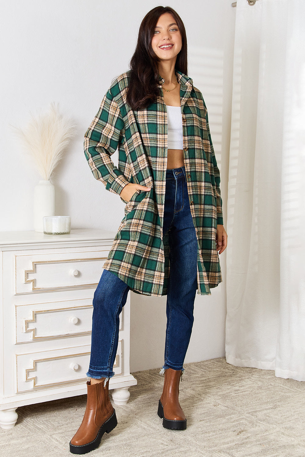 Mandy Green Plaid Collared Neck Long Sleeve Shirt Trendsi