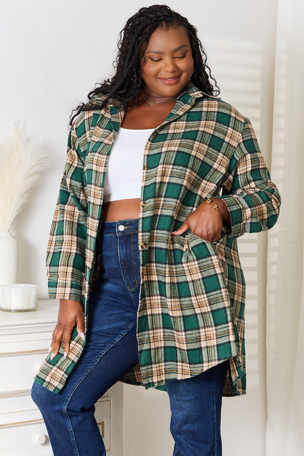 Mandy Green Plaid Collared Neck Long Sleeve Shirt Trendsi