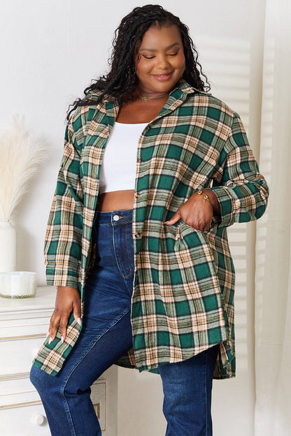Mandy Green Plaid Collared Neck Long Sleeve Shirt Trendsi