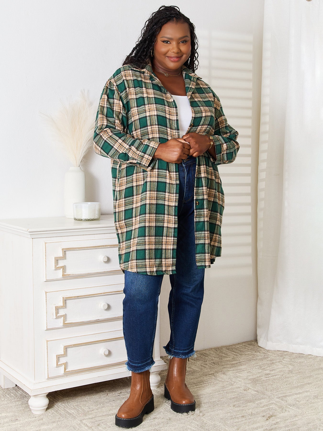 Mandy Green Plaid Collared Neck Long Sleeve Shirt Trendsi
