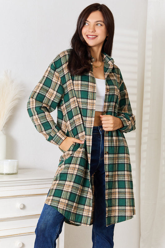 Mandy Green Plaid Collared Neck Long Sleeve Shirt Trendsi