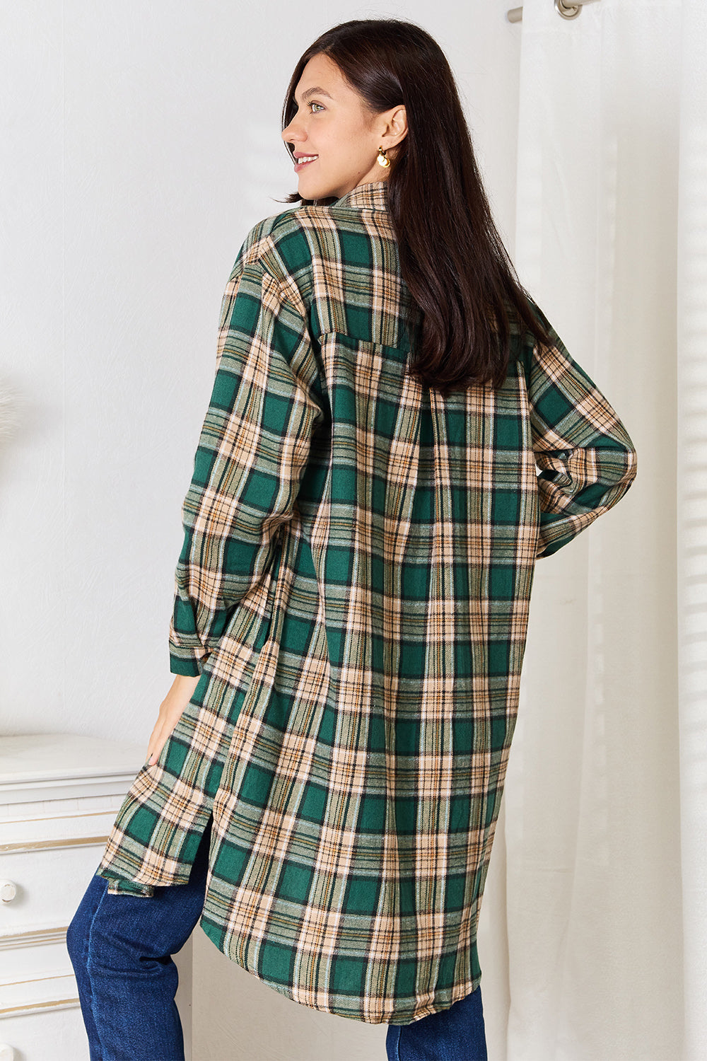 Mandy Green Plaid Collared Neck Long Sleeve Shirt Trendsi