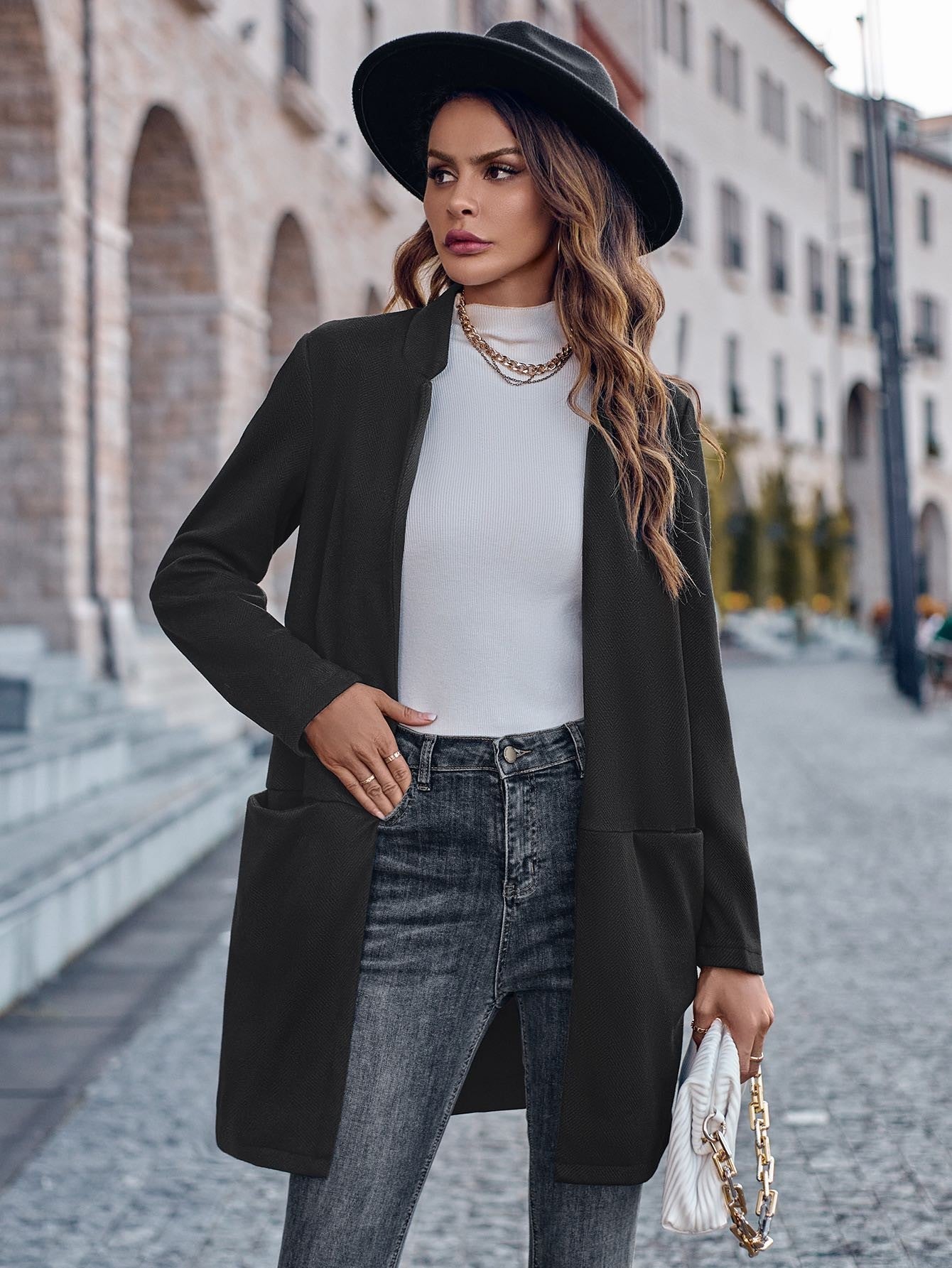 Long Open Front Straight Blazer Miss Sparkling