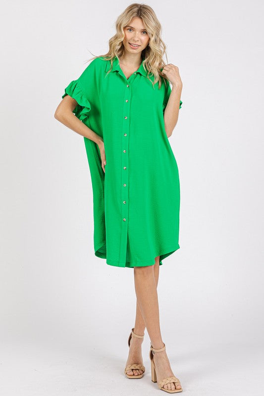 Mittoshop Button Down Flounce Sleeve Green Dress Shirt