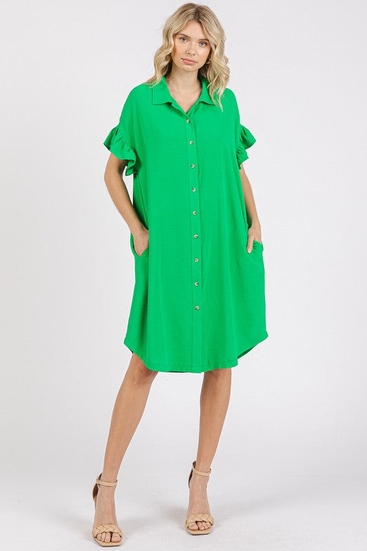 Mittoshop Button Down Flounce Sleeve Green Dress Shirt