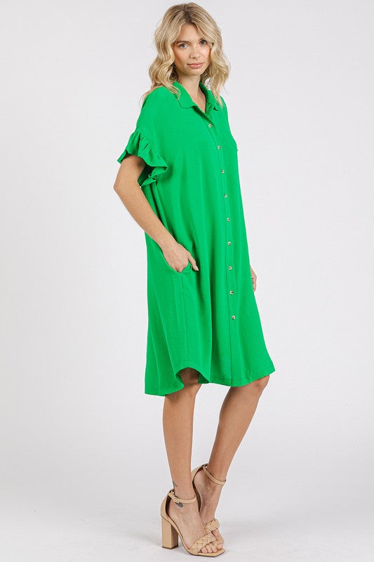 Mittoshop Button Down Flounce Sleeve Green Dress Shirt