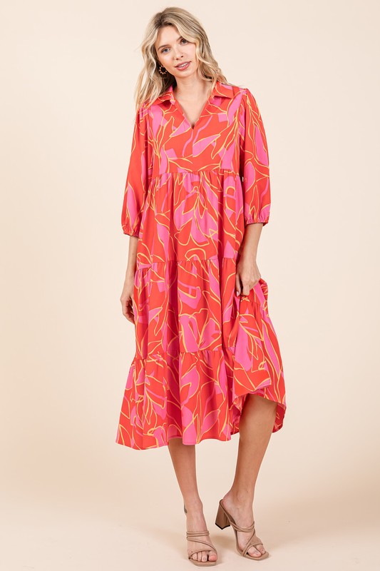 Mittoshop Tiered Printed Collared Neck Midi Dress Trendsi