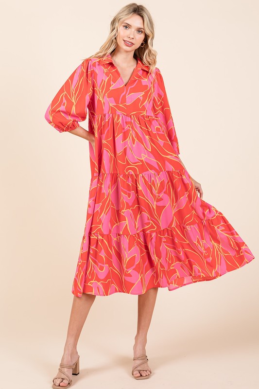 Mittoshop Tiered Printed Collared Neck Midi Dress Trendsi