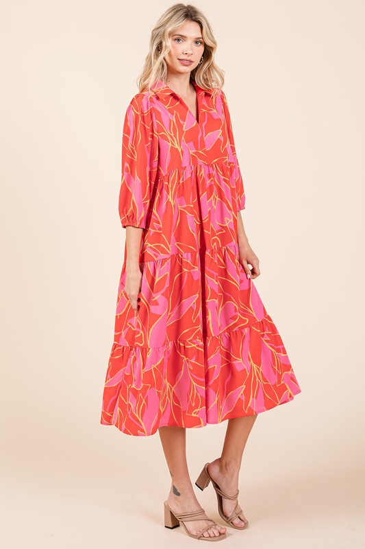 Mittoshop Tiered Printed Collared Neck Midi Dress Trendsi