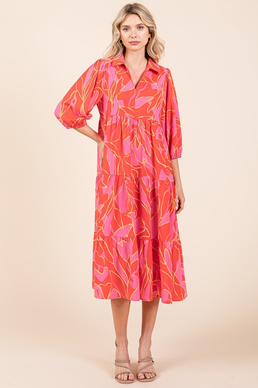 Mittoshop Tiered Printed Collared Neck Midi Dress Trendsi