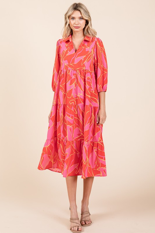 Mittoshop Tiered Printed Collared Neck Midi Dress Trendsi