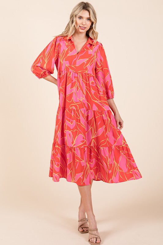 Mittoshop Tiered Printed Collared Neck Midi Dress Trendsi