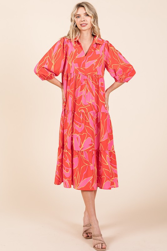 Mittoshop Tiered Printed Collared Neck Midi Dress Trendsi