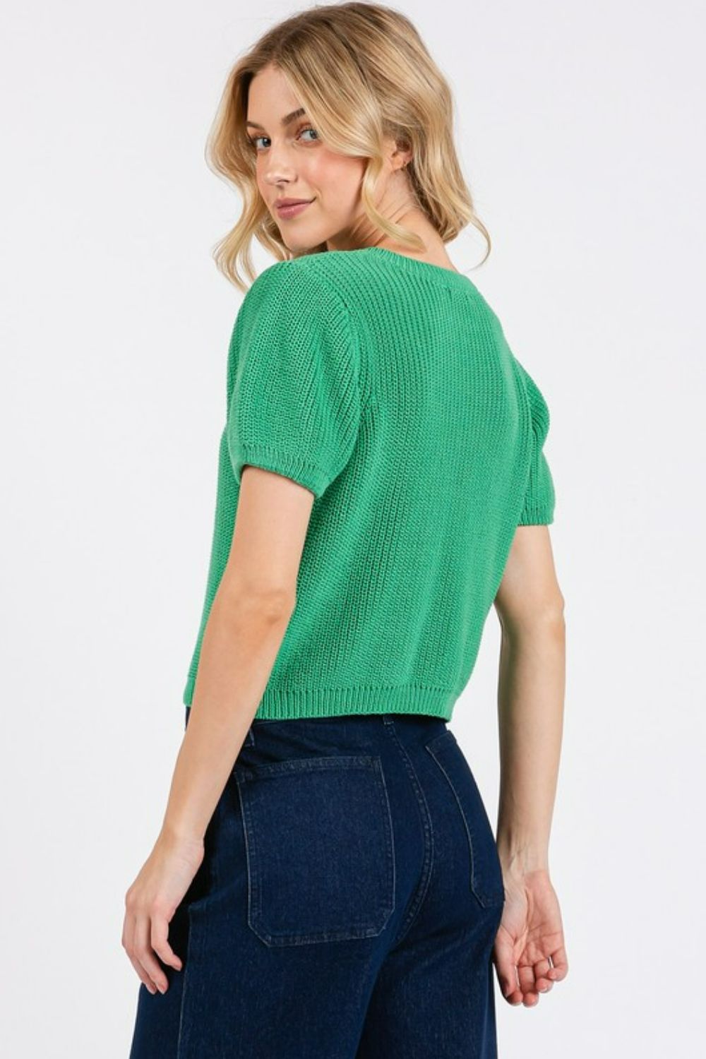 Mittoshop V-Neck Short Pufed Sleeve Green Sweater