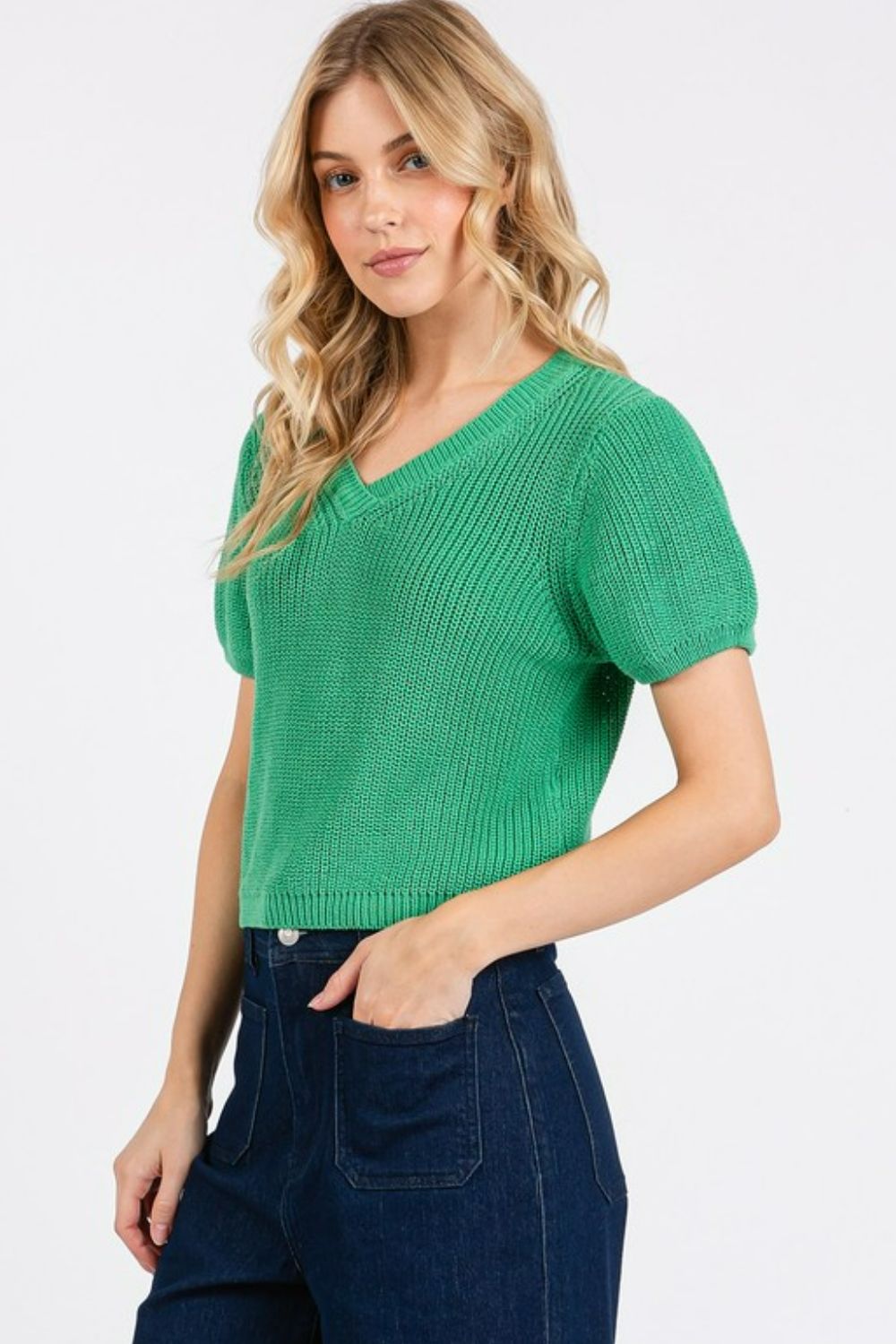 Mittoshop V-Neck Short Pufed Sleeve Green Sweater