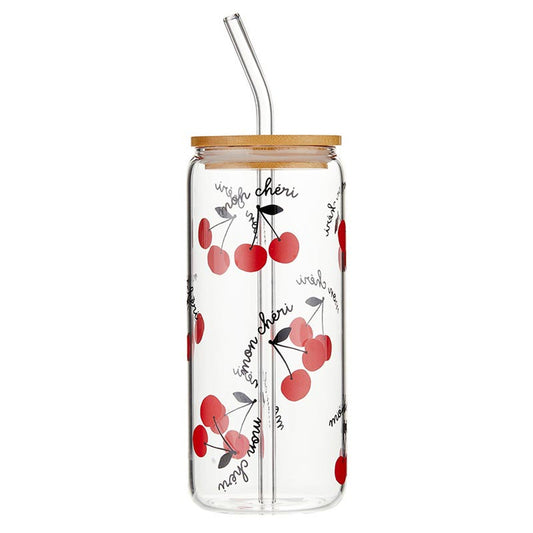 Mon Cheri Glass Tumbler with Bamboo Lid and Glass Straw | Travel Drinkware | 20oz