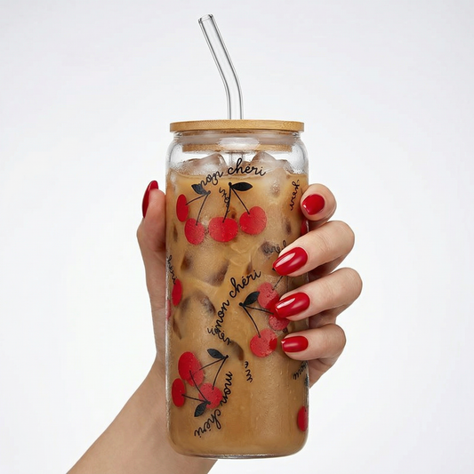 Mon Cheri Glass Tumbler with Bamboo Lid and Glass Straw | Travel Drinkware | 20oz  DAME BOHEME