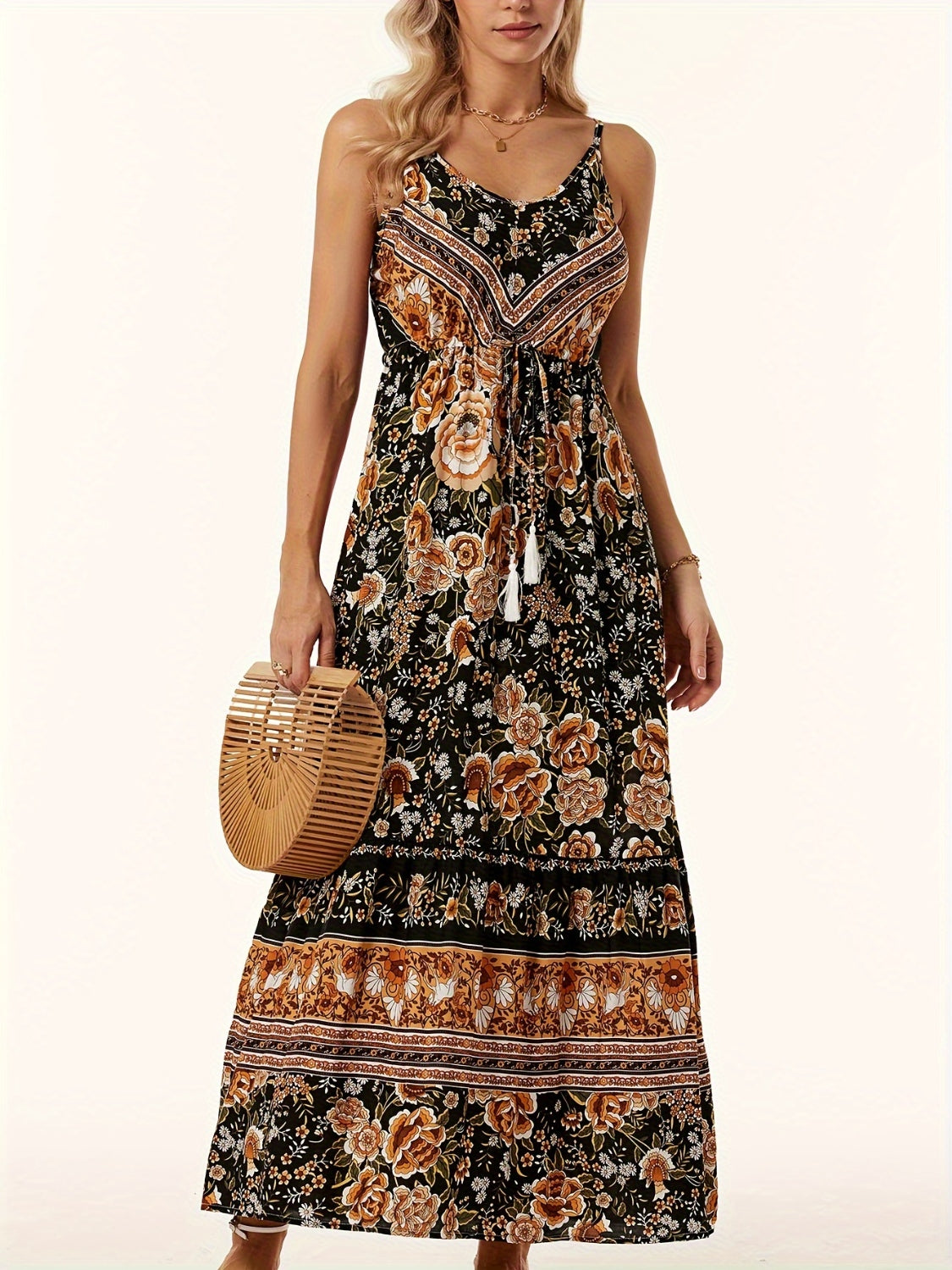 Floral Printed Scoop Neck Midi Cami Dress Trendsi