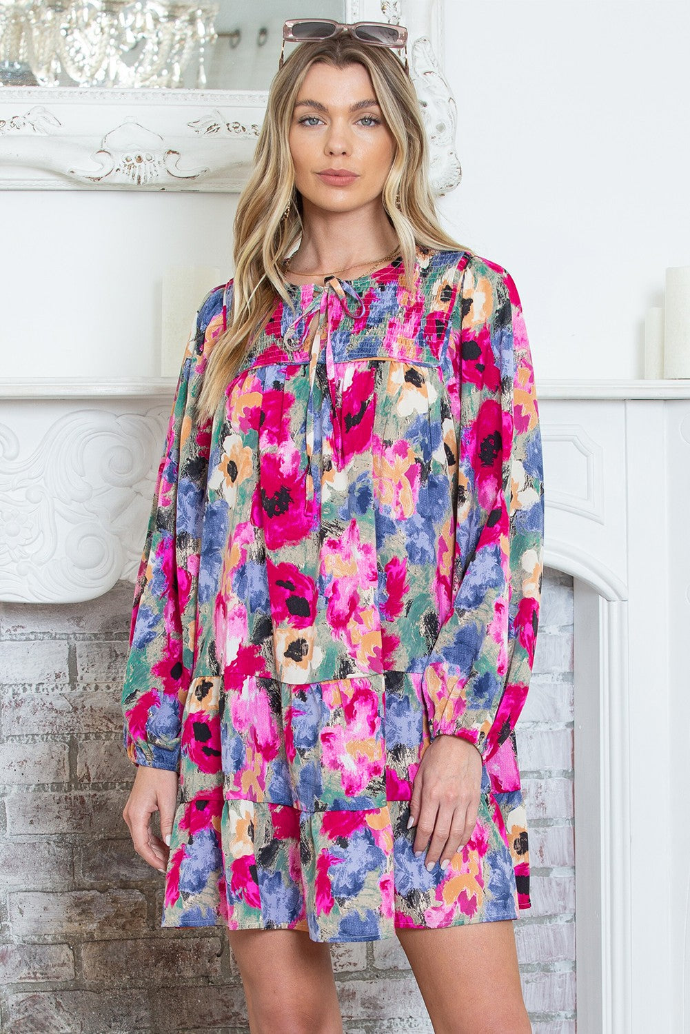 Multicolour Poppies Floral Tie Neck Mini Shift Dress SHEWIN INC.