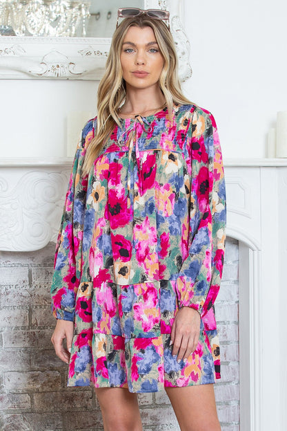 Multicolour Poppies Floral Tie Neck Mini Shift Dress SHEWIN INC.