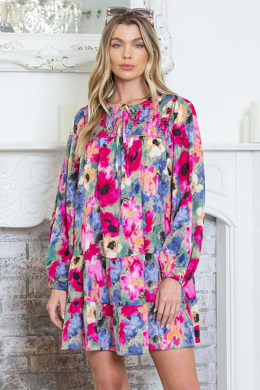 Multicolour Poppies Floral Tie Neck Mini Shift Dress SHEWIN INC.