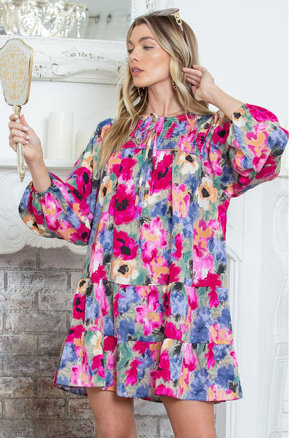 Multicolour Poppies Floral Tie Neck Mini Shift Dress SHEWIN INC.