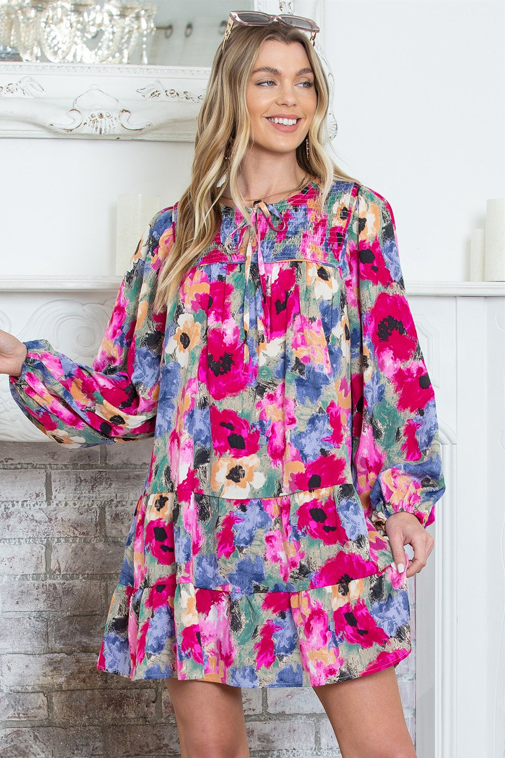 Multicolour Poppies Floral Tie Neck Mini Shift Dress SHEWIN INC.