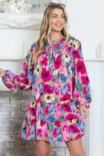 Multicolour Poppies Floral Tie Neck Mini Shift Dress SHEWIN INC.