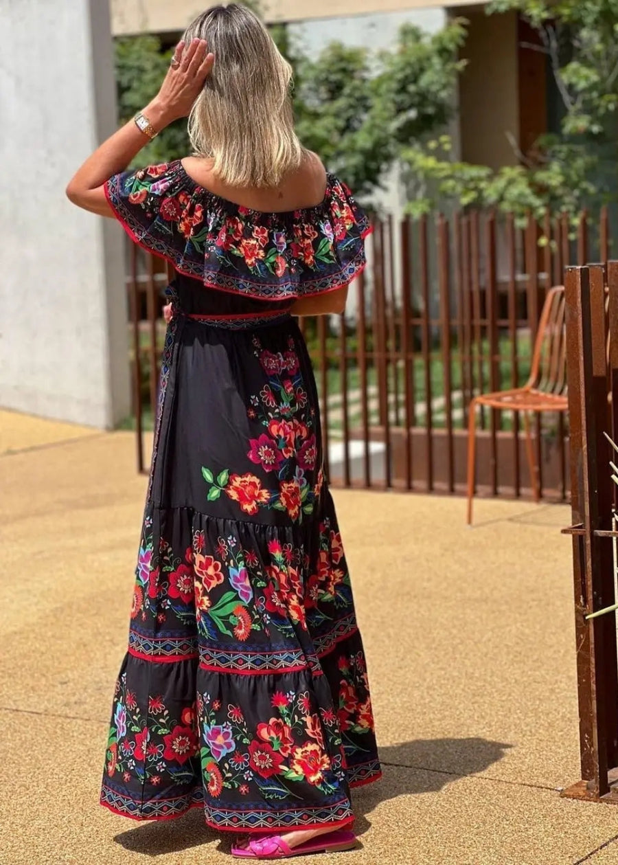 Floral Off Shoulder Ruffle Maxi Dress Trendsi
