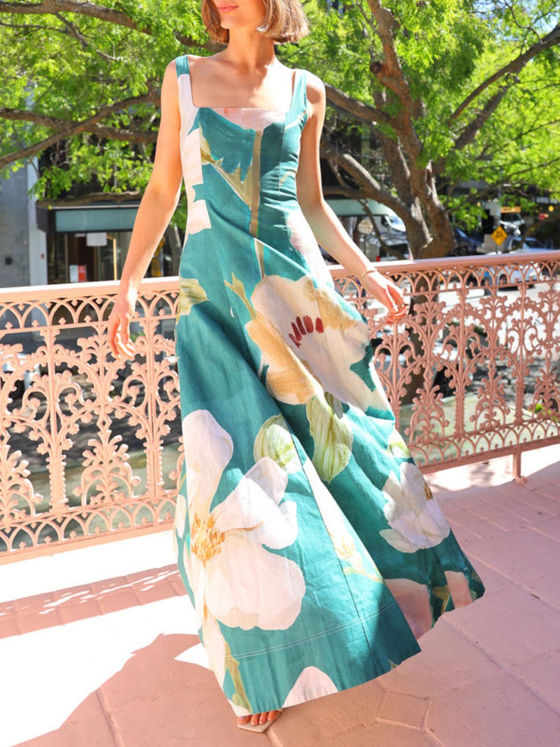 Floral Printed Square Neck Straps Maxi Sun Dress Trendsi
