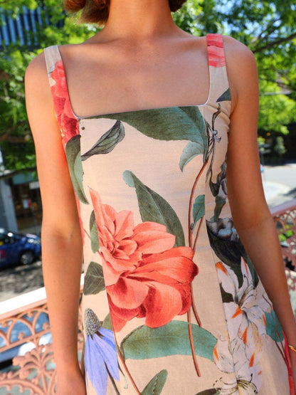 Floral Printed Square Neck Straps Maxi Sun Dress Trendsi