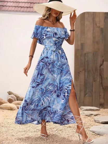 Ruffled Tropical Print Off Shoulder Maxi Dress Trendsi