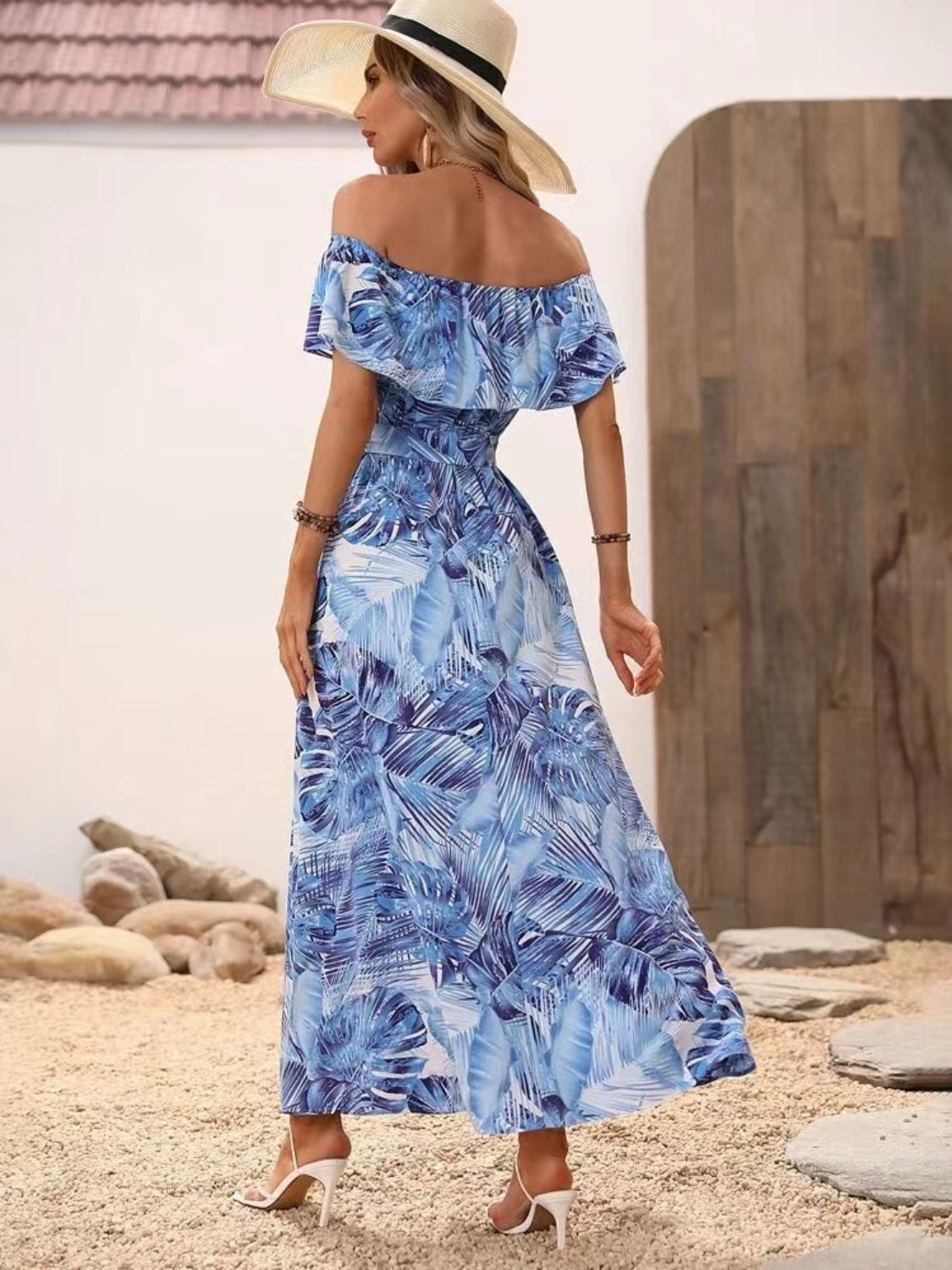 Ruffled Tropical Print Off Shoulder Maxi Dress Trendsi