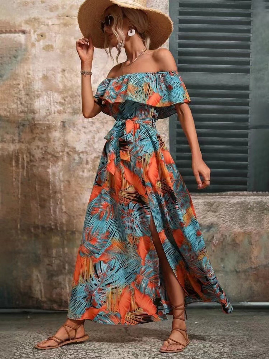 Ruffled Tropical Print Off Shoulder Maxi Dress Trendsi