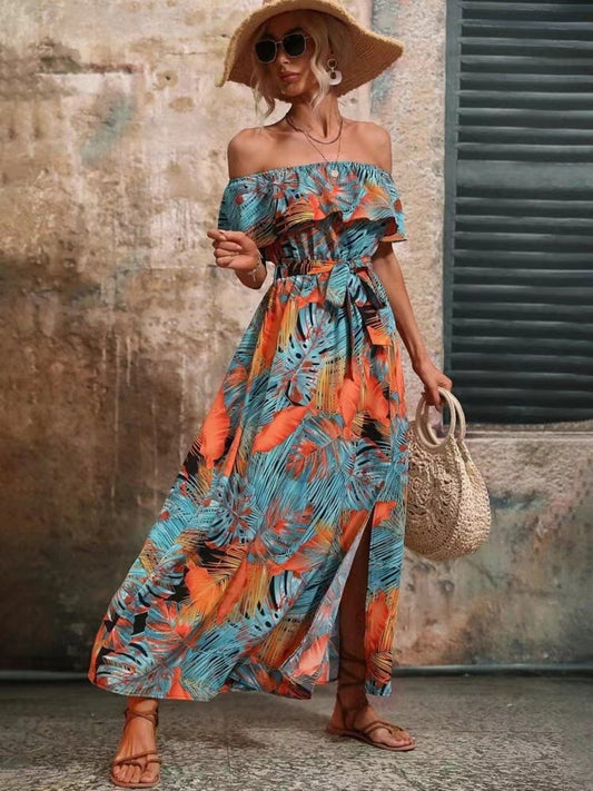 Ruffled Tropical Print Off Shoulder Maxi Dress Trendsi