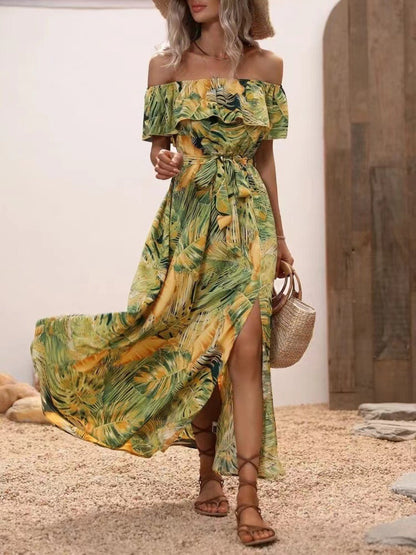 Ruffled Tropical Print Off Shoulder Maxi Dress Trendsi