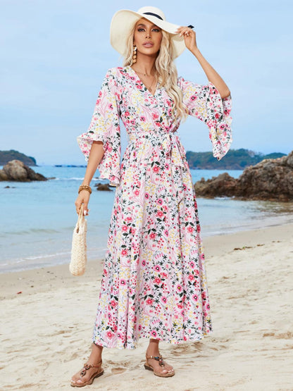 Tied Printed Three-Quarter Sleeve Midi Dress Trendsi