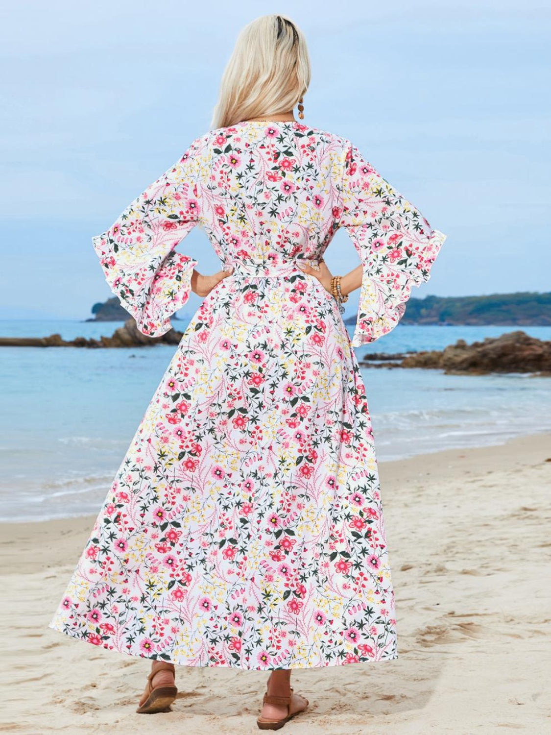 Tied Printed Three-Quarter Sleeve Midi Dress Trendsi