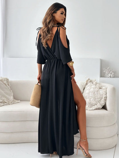 Tied Cold Shoulder High Slit Maxi Dress Trendsi