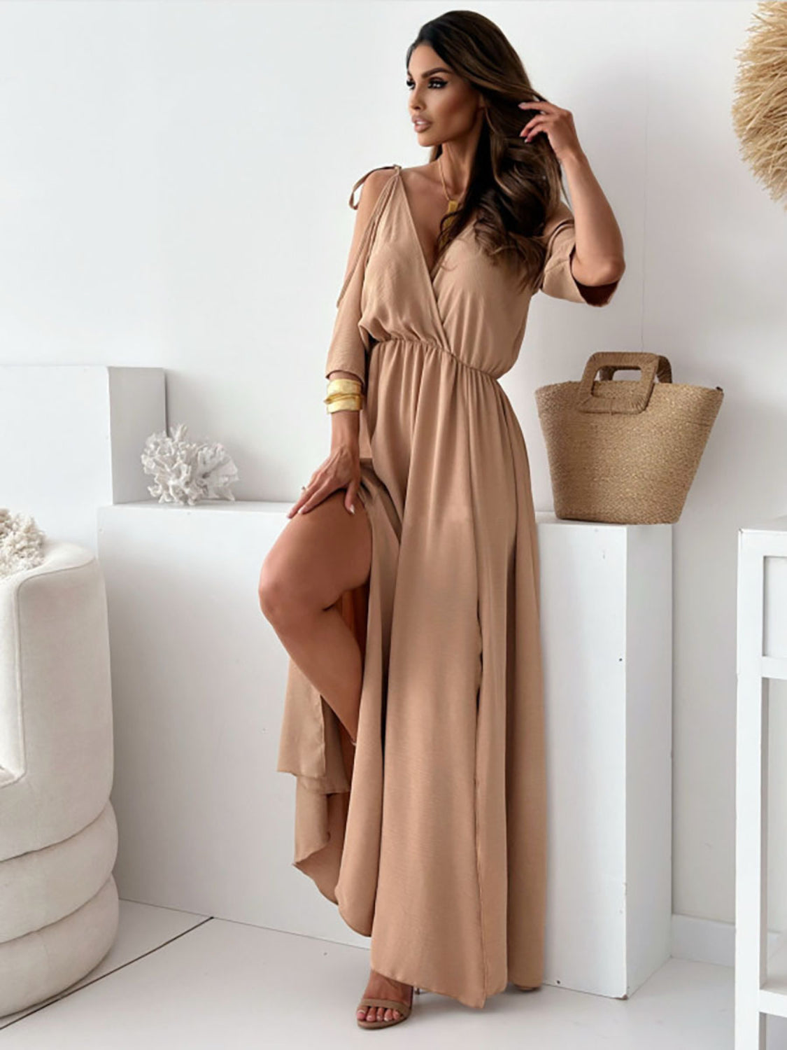 Tied Cold Shoulder High Slit Maxi Dress Trendsi