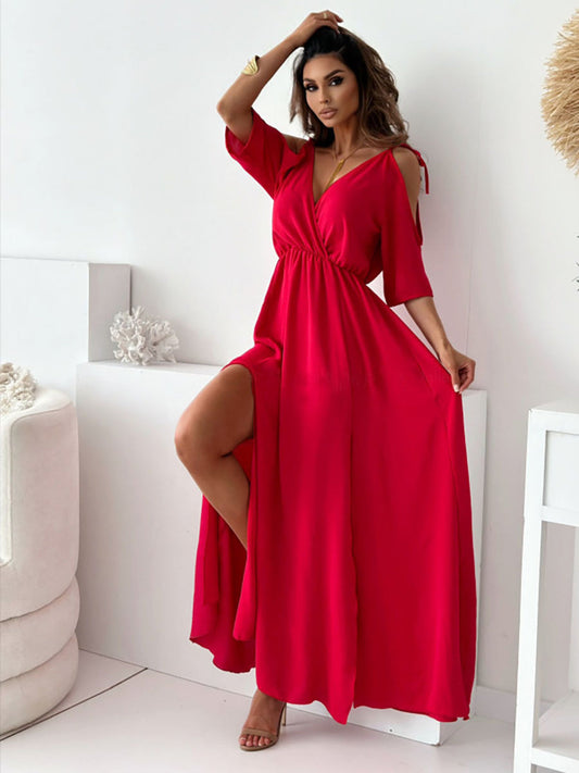 Tied Cold Shoulder High Slit Maxi Dress Trendsi